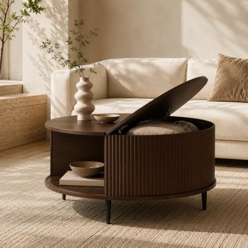 Image of Mid Century Fluted Round Coffee Table for Living Room, Brown | 31.5 inch Modern Coffee Table with Storage, Small Center Table with Flip-Top