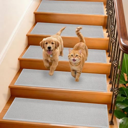 GROWLING Linen Stair Treads for Wooden Steps Indoor 36x9 inch,7pcs Upgraded Self Adhesive Backing Non Slip Stair Carpets, Peel and Stick Stair Runner Rugs, Reusable Staircase Step Treads(Grey)