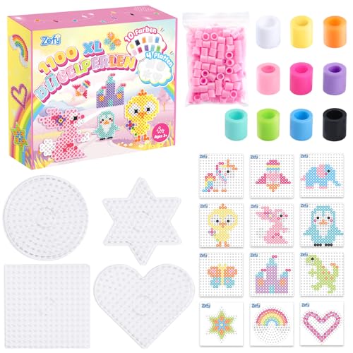 Zefy 10mm Bügelperlen mit 4 Steckplatten, 1100 Stück 11 Farben Groß Bügelperlen Set Maxi Steckperlen für Kinder ab 3 Jahren (Pastell)