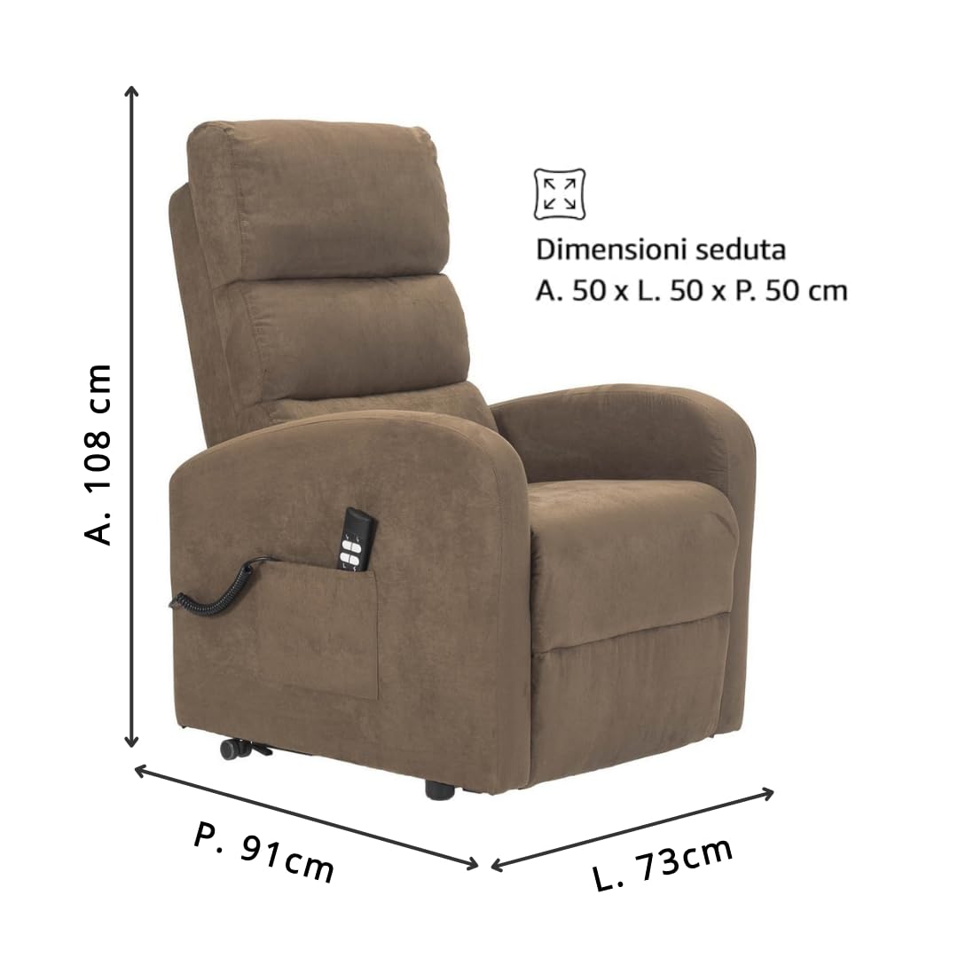 POLTRONE ITALIA Poltrona Relax Elettrica 4 ruote reclinazione poltrona per anziani soggiorno elevabile Detraibile 19% microfibra Marrone