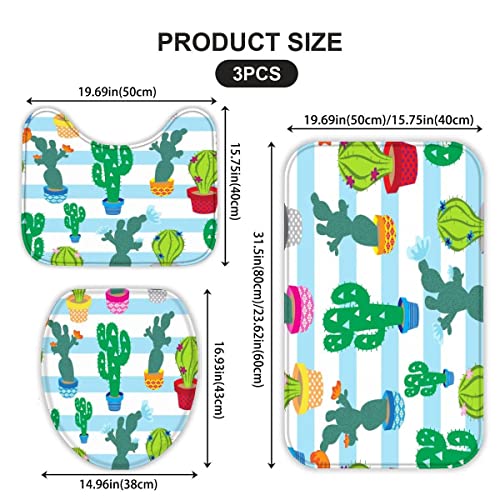 Badezimmerteppich-Set 3Teilig Kaktus rutschfest Waschbar Badematte Badezimmer Weich Mikrofasern WC-Deckelbezug blau… – Bild 3