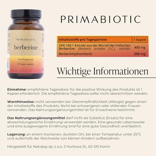 Primabiotic BERBERIN 400MG - 60 VEGAN-Kapseln | Berberis Vulgaris-Extrakt | Maximale Absorption | Hochdosiert & Vegan | Ohne Zusatzstoffe