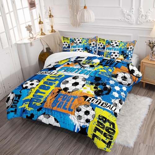 Image of American Soccer Comforter Set Sport Themed Graffiti Printed Bedding Set with 1 Comforter and 2 Pillowcases for Boys and Girls Bedroom All Season(Soccer-2 Full)