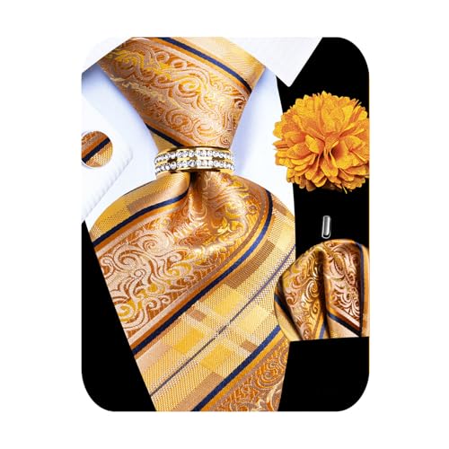 Image of 5PCS Mens Premium Silk Tie, Pocket Square, Cufflinks, Drilled Tie Ring and Lapel Pin Set for Wedding Groom Party
