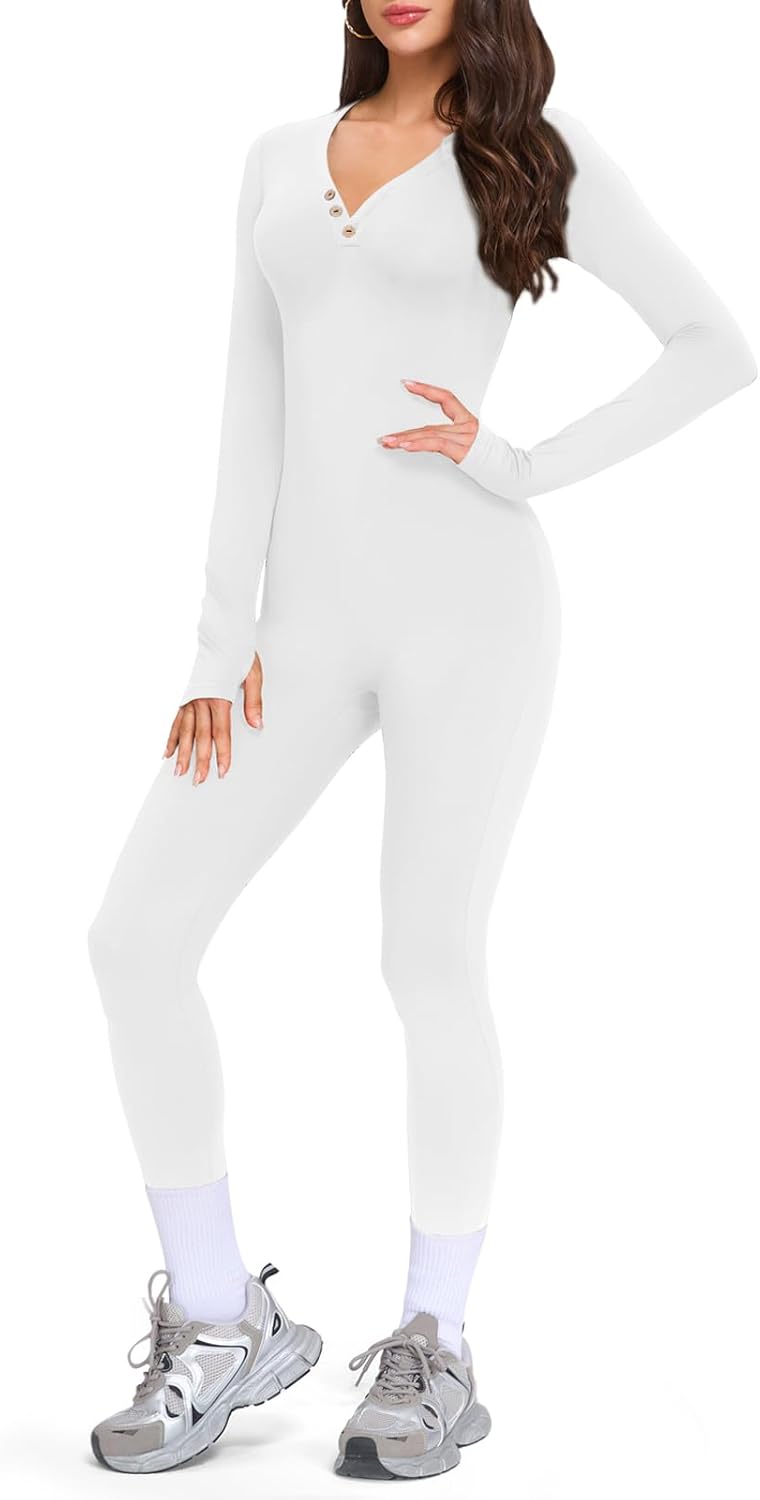 VUTRU Long Sleeve Jumpsuit for Women One Piece Fleece Romper Henley Collar Workout Bodycon Full Body Yoga Jumpsuits