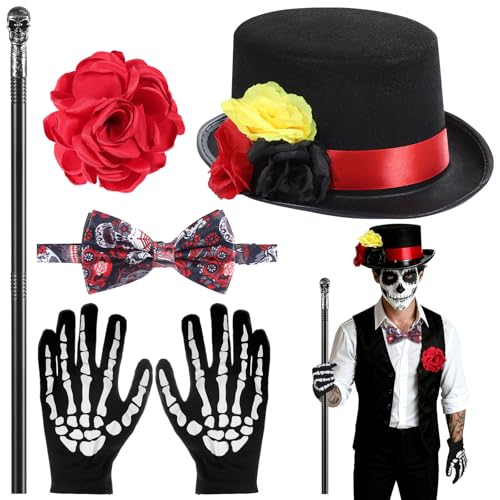 6 Pcs Halloween Day of the Dead Costume Accessories Set for Men Including Skeleton Gloves Mens Top Hat Bow Tie Skeleton Crutch and Brooch for Dia De Los Muertos Costume Halloween Cosplay Party