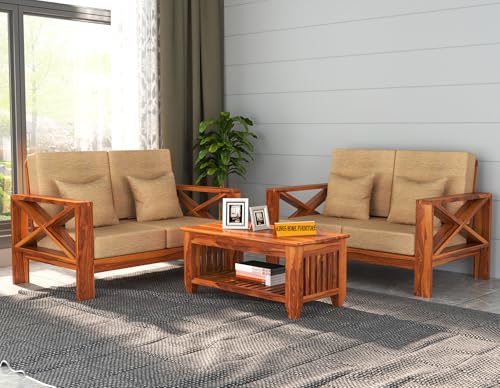 Image of Sheesham Wooden 4 Seater Sofa for Living Room | Rosewood 4 Seater Cushion Sofa X-Legs | Solid Wood Sofa Set for Lounge (2+2,Honey)