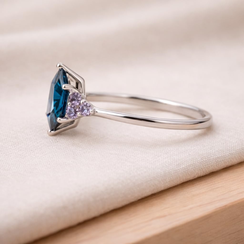 Princess Cut Teal Sapphire Ring for Women 925 Sterling Silver Vintage Inspired Engagement Ring with Purple Amethyst Accent Stones Dainty Statement Anniversary Jewelry Gift