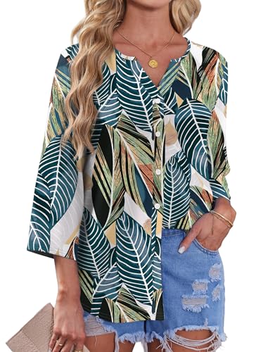 Image of OFEEFAN Button Down Shirts for Women 3 /4 Length Sleeve Tops V Neck Blouses Business Casual Outfits Loose Fit