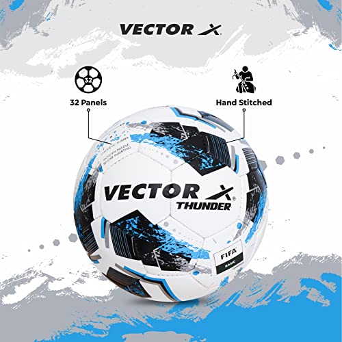 Image of Vector X 32 Panels Thunder FIFA Basic Hand Stitched Football | Rubberized Outer Core with Glossy Finish Training Ball|Match | Sports | Playing | Practice for Adult, Men & Boys Size 5 (White Blue)