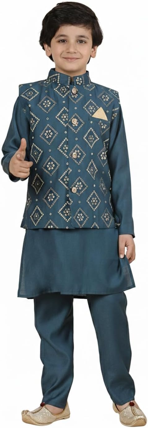 Superminis Boys Silk Blend Full Sleeve Kurta Pyjama with Printed Jacket Set