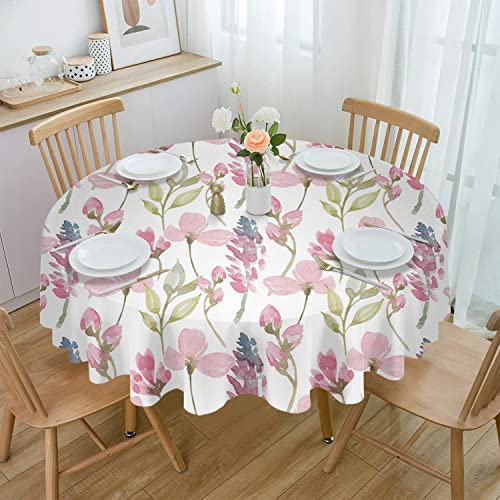 Warm Tour Summer Pink Flower Sage Green Leaf Kitchen Table Cloth Waterproof Round Tablecloths,Pastoral Botanical White Spillproof Tablecover For Dining Room/Outdoor Parties/Bbq/Banquet #TOP7