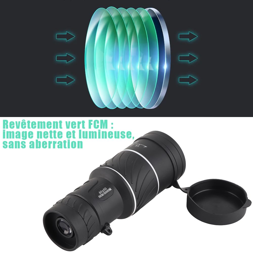 Télescope Monoculaire, HD 40x60 Poche Vision Nocturne Longue Vue Focalisatio Film Vert Portable BAK4 Prisme FMC étanche Jumelles L'observation Oiseaux Chasse Camping Randonnée Voyage Tourisme Pêche