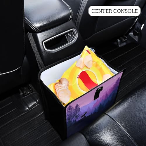 Image of Car Trash Can Organizer Bin with Adjustable Strap for Back Front Seat Console Waterproof Leakproof Collapsible Portable 8.66 Inch Purple Stag Mountains and Forest