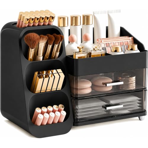 Image of Booklov Makeup Organizer for Vanity, Large Capacity Cosmetic Display Case with Drawers, Countertop Beauty Storage Holder for Skincare, Brush Eyeliner Perfume Eyeshadow Lipsticks, Counter Desk, Black