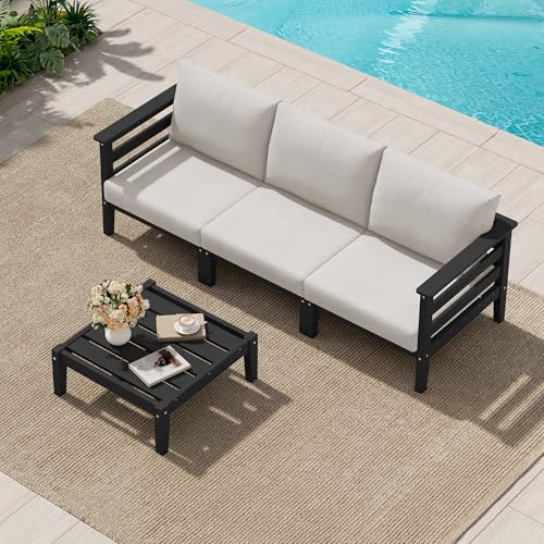 SERWALL HDPE Outdoor Furniture Set, 4 Pieces Patio Sectional Sofa Set, All-Weather Wood-Like Outdoor Sofa with Coffee Table for Deck, Garden, Black Frame with Khaki Cushion