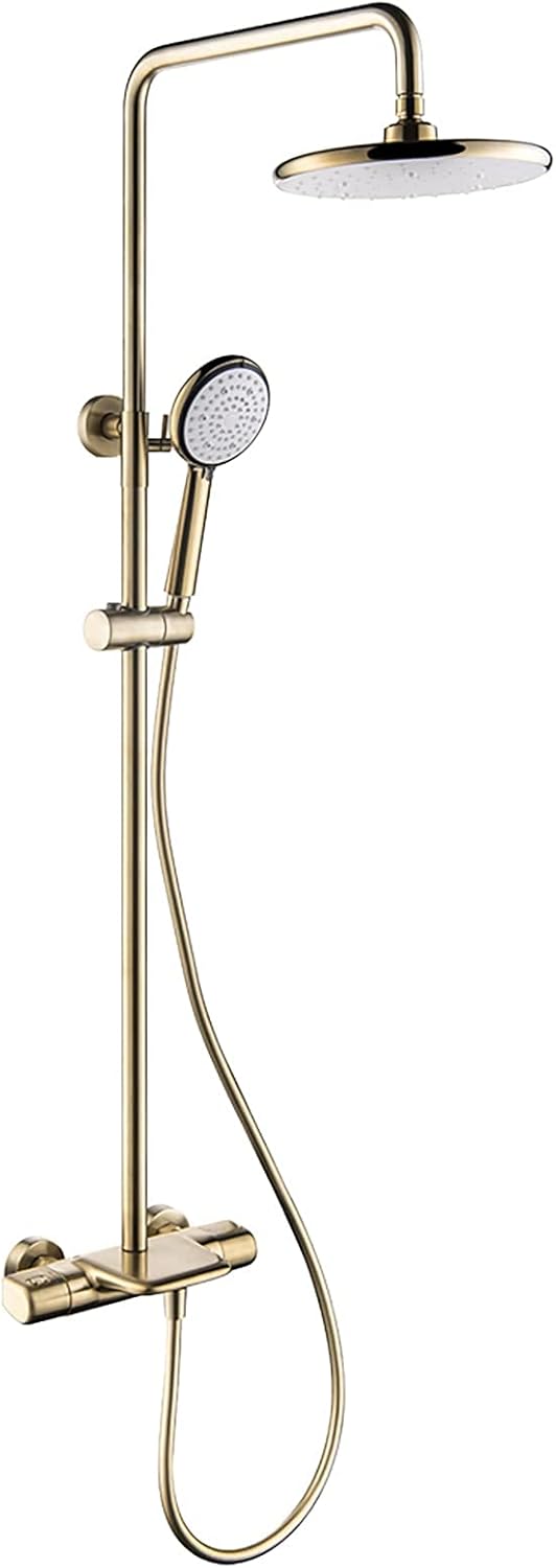 LUNEZY 8 Inches Thermostatic Wall Mounted Shower Combo Set Brushed Gold Bathroom Shower Faucet Set with Rainfall Shower Head, Handheld Shower, Waterfall Bathtub Faucet