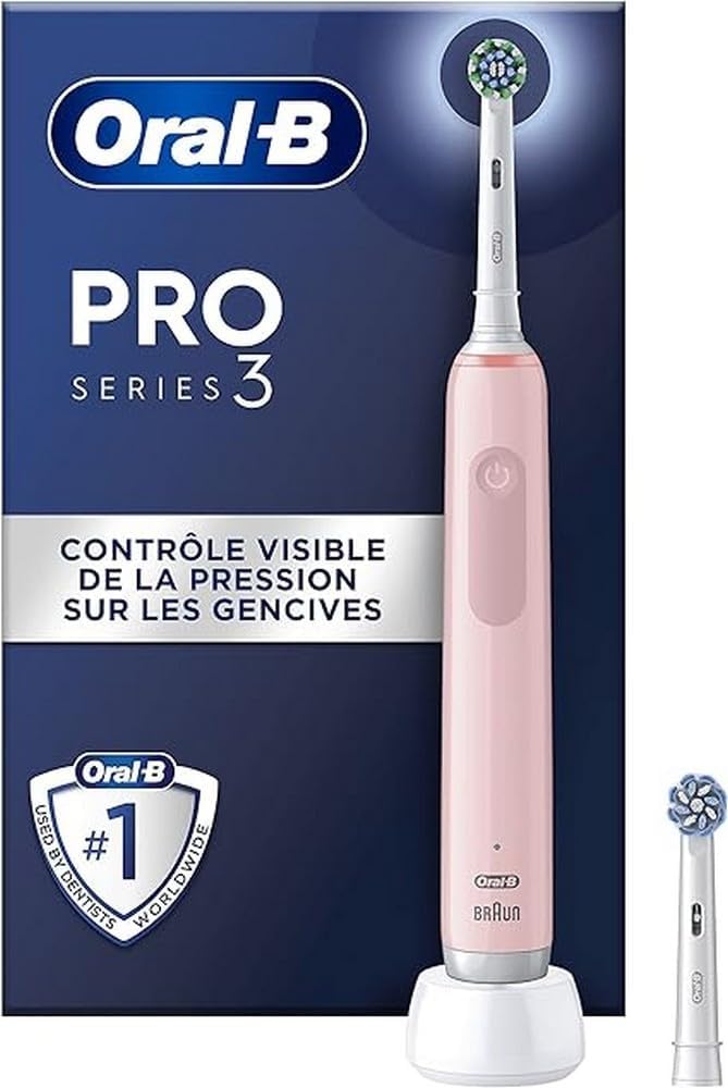 Pro 3 3000 Cross Action Electric Toothbrush, 2 Replacement Brushes, 3 Cleaning Modes & Visual 360° Pressure Control for Dental Care, Designed by Braun, Pink