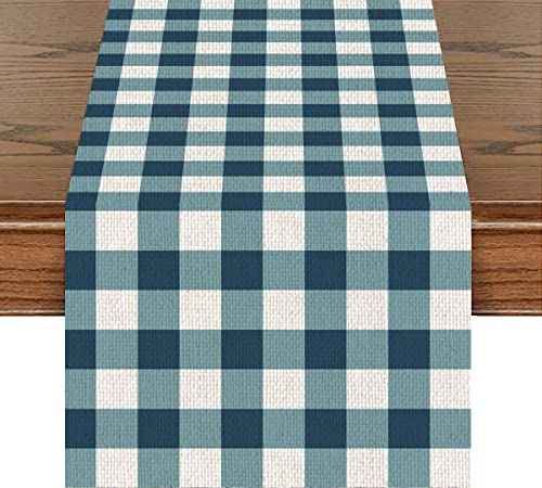 Camino de mesa de campo azul índigo azul marino a cuadros búfalo de lino y algodón, decoración del hogar para cocina, cena, fiesta, vacaciones, regalo de inauguración de la casa (14 x 72 pulgadas) Cover