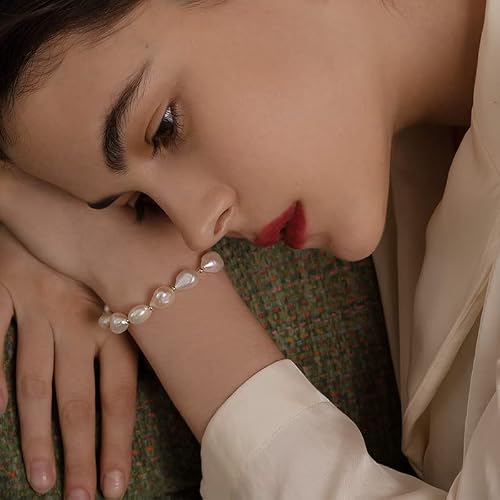 Aminkina 14K Gold Baroque Pearl Bracelet, Pure White Freshwater Pearl Bracelet, Beautiful Jewelry Gift For Wife, Girlfriend (White Gold, 14K) #TOP3