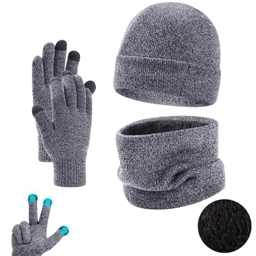 Image of Fjquamitix Women Mens Hat Scarf And Gloves Set Winter Thermal Warm Knitted Stretchy Beanie Hat Neck And Touchscreen Gloves Gift Set For Men Women (Light Grey)