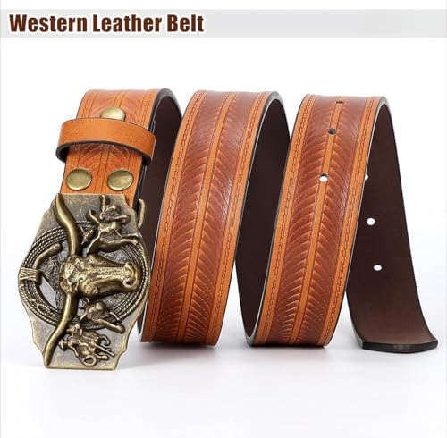 Western Cowboy Belt – Country Bull Buckle Vintage Genuine Leather Unisex Jeans 25"-38"3