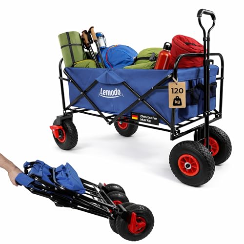 Lemodo Bollerwagen Faltbar mit Luftreifen, 120 kg Tragkraft, Klappbarer Handwagen mit Stoffwanne in blau für Strand, Camping & Garten, Platzsparender Transportwagen für Familien, Freizeit & Ausflüge