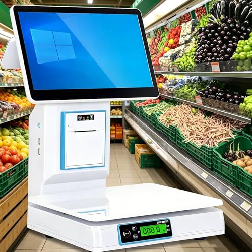 ZHIGUANYUN Balanza TPV, Caja registradora con báscula, TPV con Pantalla táctil, Todo en uno, Báscula con Impresora Singlescreen