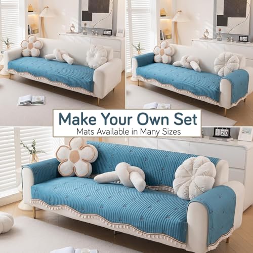 Image of HOKIPO Premium Dutch Velvet Sofa Cover Mat with Frill for 1 /2 /3 Seater and L Shape Sofa. Make Your Own Sofa Cover Set, Mat Length 90(D) x 180(L) cm, Peacock Blue (NEW-AR-5740-PBL)