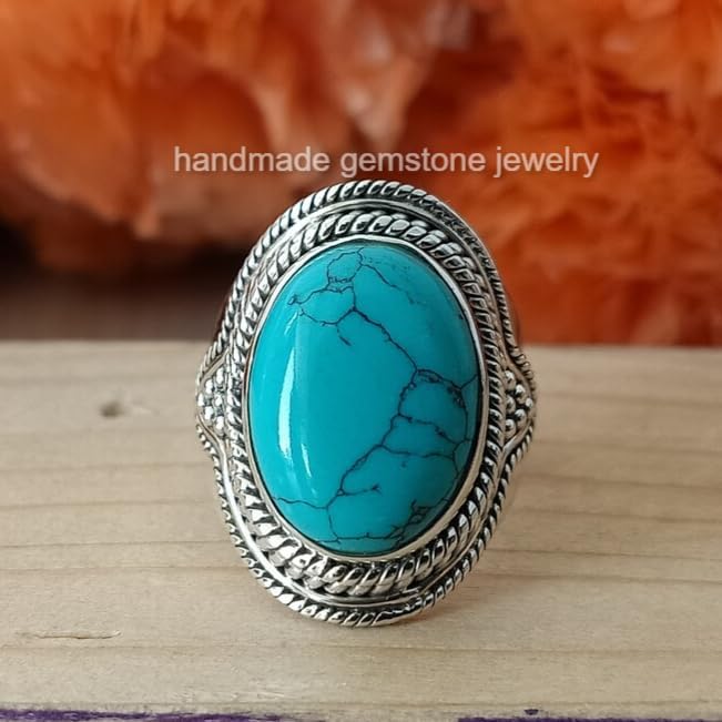 Turquoise Oval Stone Ring - Boho Vintage Cabochon Statement Ring, Perfect for Promise, Meditation, or a Thoughtful Valentine's Gift