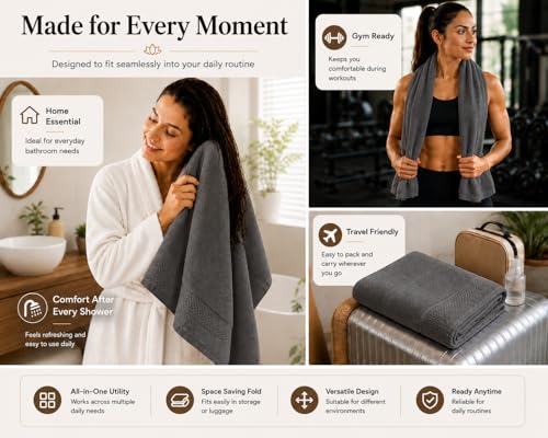 Image of 100% Pure Cotton Bath Towel for Men & Women | 380 GSM Ultra Soft, Highly Absorbent & Quick Dry Bath Towel | Large 55 x 28 Inch Matty Terry Towel for Bathroom, Gym, Travel & Daily Use | Charcoal Grey