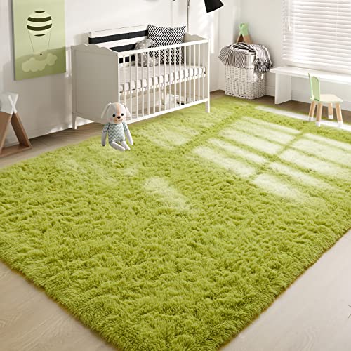 Yj.gwl Soft Area Rugs For Bedroom Living Room Plush Fluffy Rug 4X6 Feet, Green Shag Rug Carpet Non Shedding For Nursery Playroom Dorm, Indoor Modern Fuzzy Rug For Kids Girls Room Home Decor #TOP5