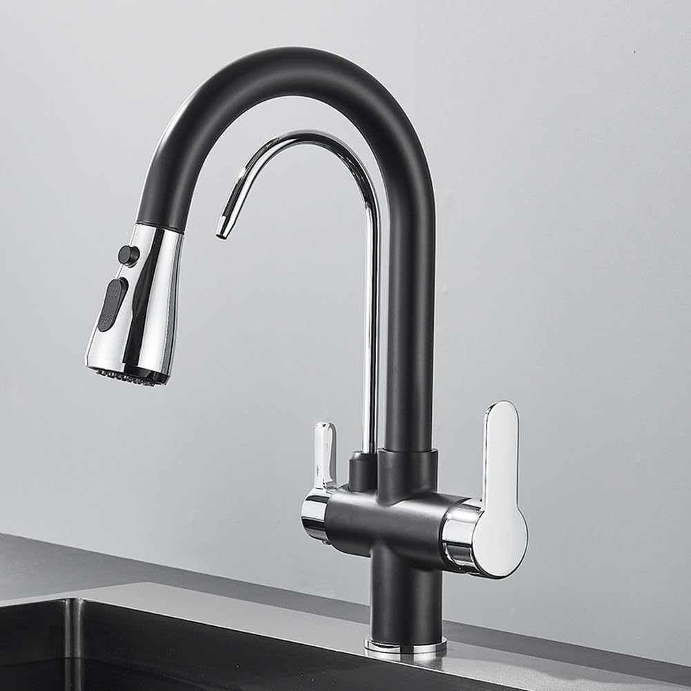 Black Filtered Crane for Kitchen Pull Out Spray 360 Rotation Water Filter Tap Three Ways Sink Mixer Kitchen Faucet,Type A,Black Chrome