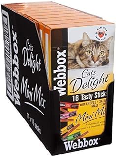 Webbox Cat Delight Treat Sticks Mini Mix Assorted Chews Healthy Natural Pet Food Snack for Kitten Wellness, 16 Dry Sticks (Pack of 10)