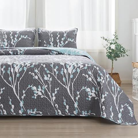Andency Queen Quilt Bedding Set Grey Blue (96x90 Inch), 3 Pieces Floral Lightweight Bedspread, Microfiber Reversible Flower Quilted Coverlet with 2 Pillowcases for Men Women Cover
