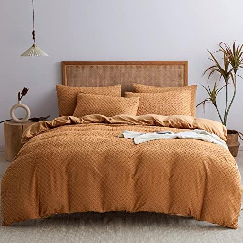 JELLYMONI Rust Duvet Cover King Size - Soft Microfiber King Duvet Cover Set, with Zipper Closure & Corner Ties, 3 Piece Rectangle Embroidery Tufted Bedding Set for All Seasons (No Comforter)