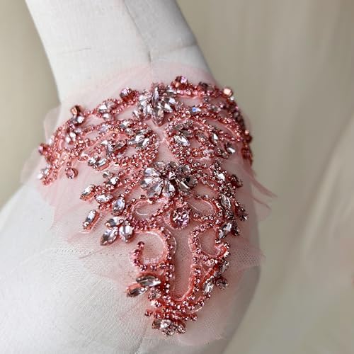 Sparkle Rhinestone Applique Wedding Dress Accessories Beaded Patch V-Neck Crystal Neckline Pink Color3