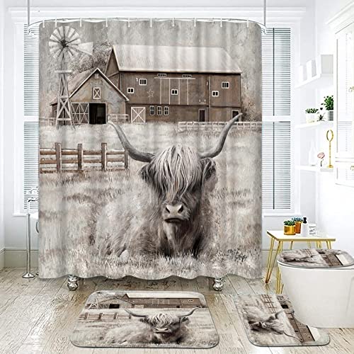 Atgowac Highland Cow Shower Curtain Set Rustic Shower Curtain Farmhouse Bathroom Decor Set (Highland Cow) #TOP1