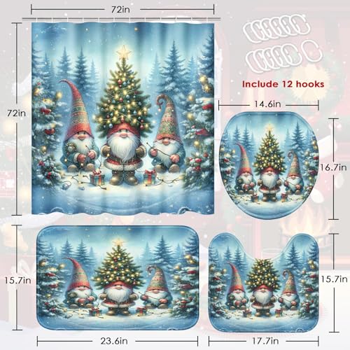 Cortinas de baño de gnomos navideños con alfombra y accesorios de 4 piezas 3
