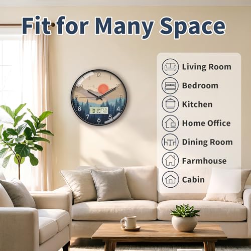 Image of 14 inch Wilderness Sunset Wall Clock, Analog Clock with Digital Display | Silent Non-Ticking, Battery Operated, Shows Date Day & Temperature, Decorative for Living Room, Bedroom, Kitchen, Office
