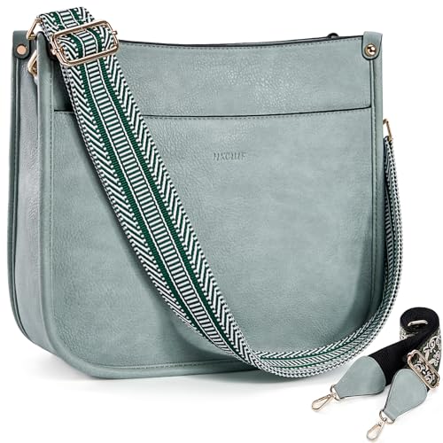 HKCLUF Crossbody Bags for Women Designer Leather Hobo Handbags With 2 Adjustable Leopard Guitar Strap Shoulder Bucket Bags, A20-green, Retro