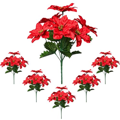 6 Pack Artificial Poinsettia Bushes, 11.5' Faux Red Christmas Flowers with 7 Heads per Branch, Lifelike Silk Poinsettia Floral for Indoor Outdoor Holiday Décor, Xmas Tree Ornaments, Home Decorations