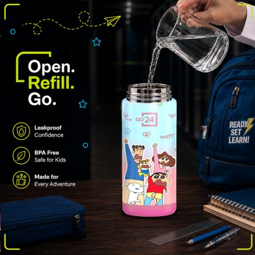 Image of Go24 pexpo Crayon Shinchan ISI Certified Stainless Steel Water Bottle for School Kids - 300ml | Hot & Cold Vacuum Insulated Flask|Leak Proof | Carry Strap | School, Picnic, Sports - Pink Nohara Family