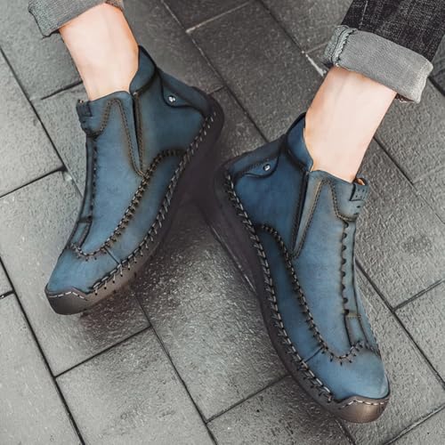 Men's Casual Leather Loafers Fashion Comfortable Chelsea Boots Hand Stitched Slip On Mid-top Shoes Blue (Velvet) 10.54