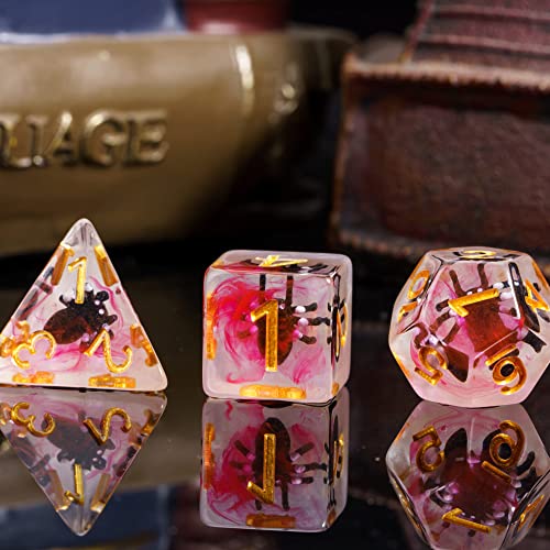 Image of Cusdie 7-Die DND Dice, Polyhedral Dice Set Filled with Animal, for Role Playing Game D&D Dice (Black Spider)
