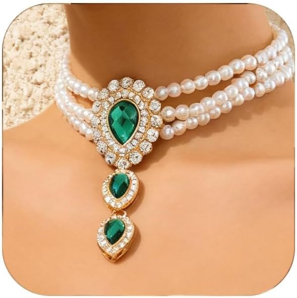 Pearl Choker Necklace for Women Green Crystal Pendant Necklace Layered Pearl Bridal Costume Jewelry Accessories