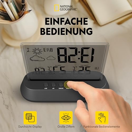 Miniatura 4 de National Geographic Estación meteorológica radiocontrolada con sensor exterior en diseño transparente, con pantalla para temperatura y humedad y visualización de tendencias meteorológicas