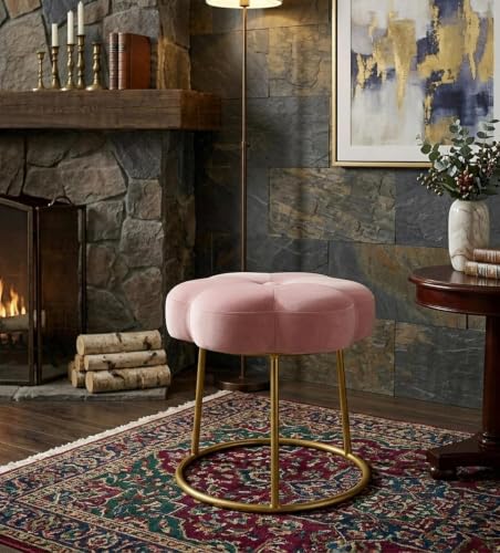 Image of Flower Ottoman Foot Stool for Bedroom and Living Room, Round Makeup Vanity Chair with Metal Legs and Soft Padded Seat-Pink