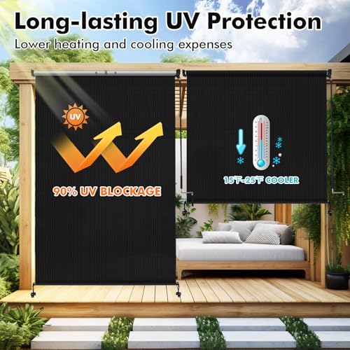 Artpuch Outdoor Roller Shade 6' W x 8' H, Black Exterior Cordless Patio Shades Roll Up Blinds with Spliced Pole Design, (2 Poles, One-Piece Fabric) by Artpuch - Used condition - Image 2