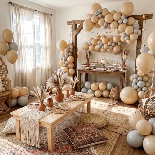 Image of RUBFAC Vanilla Brown Beige Balloons 129pcs Different Sizes Pack of 18 12 10 5 Inch, Light Brown Cream Ivory Balloon Neutral Boho Garland Arch Kit for Wedding Baby Shower Birthday Party Decorations